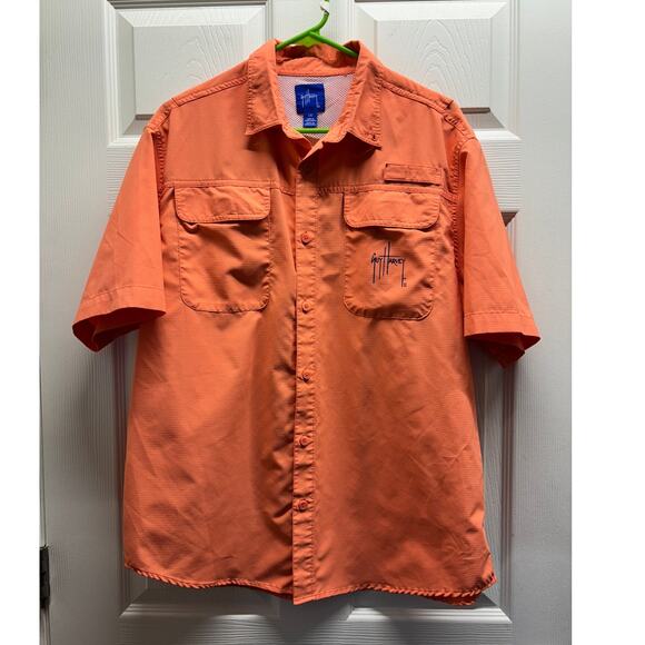 Guy Harvey Mens Size Large Orange Vent Back Button Up Short Sleeve Fishing Shirt - Picture 1 of 7